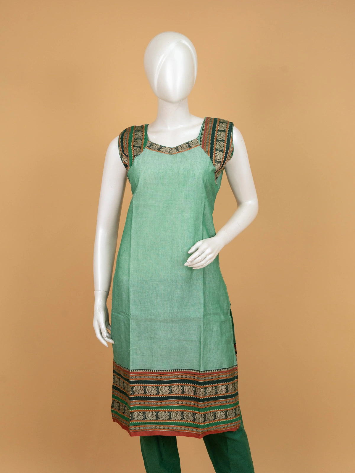 Sea Green handloom cotton straight cut kurti set with maroon peacock woven border and matching dupatta