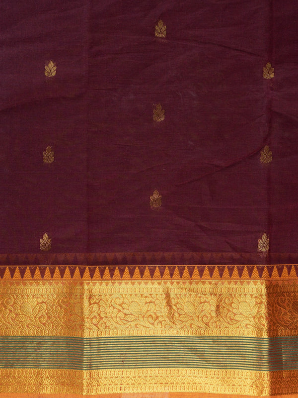 Wine maroon Chettinad cotton saree with mustard-gold zari border and brocade pallu