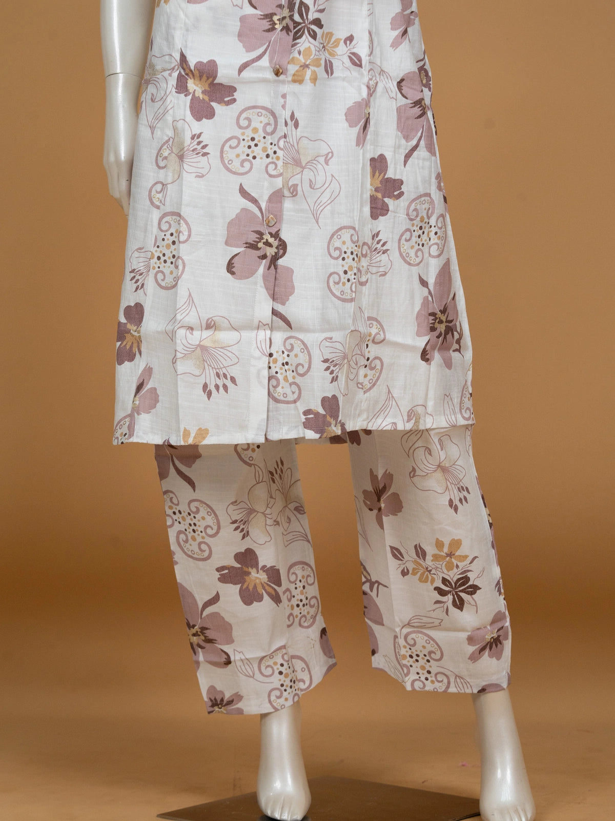 White floral printed cotton sleeveless collared co-ord set with matching straight pants
