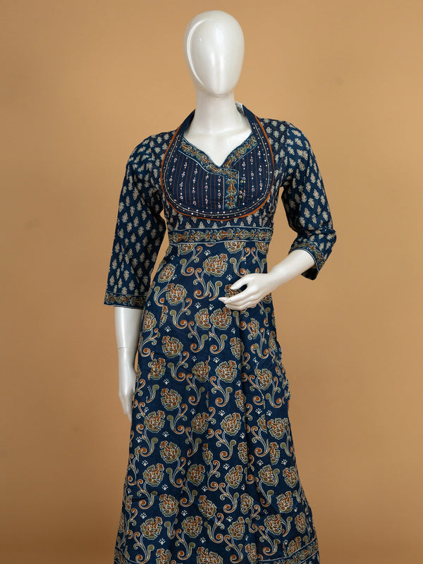 Indigo Blue Ajrakh print cotton embroidered Anarkali kurti set with matching pants and dupatta