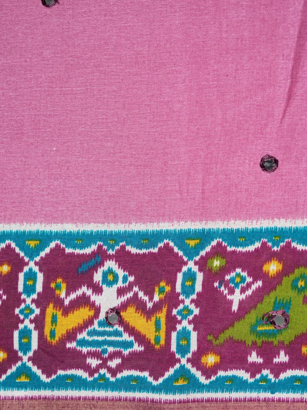 Mauve pink linen cotton saree with contrast maroon patola-print border, mirror work and multicolour ikat pallu