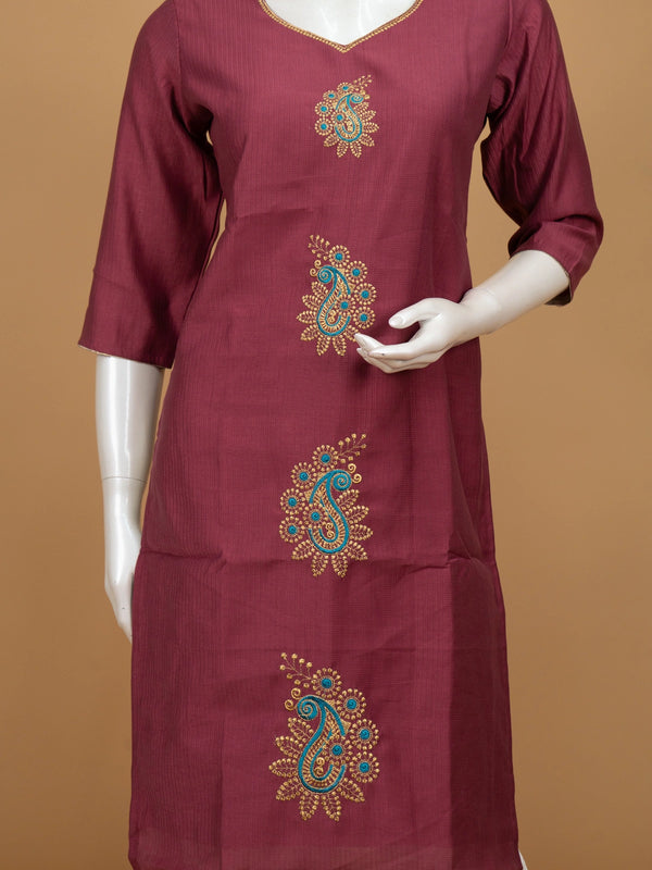 Wine art silk straight-cut kurti top with gold and teal paisley embroidery