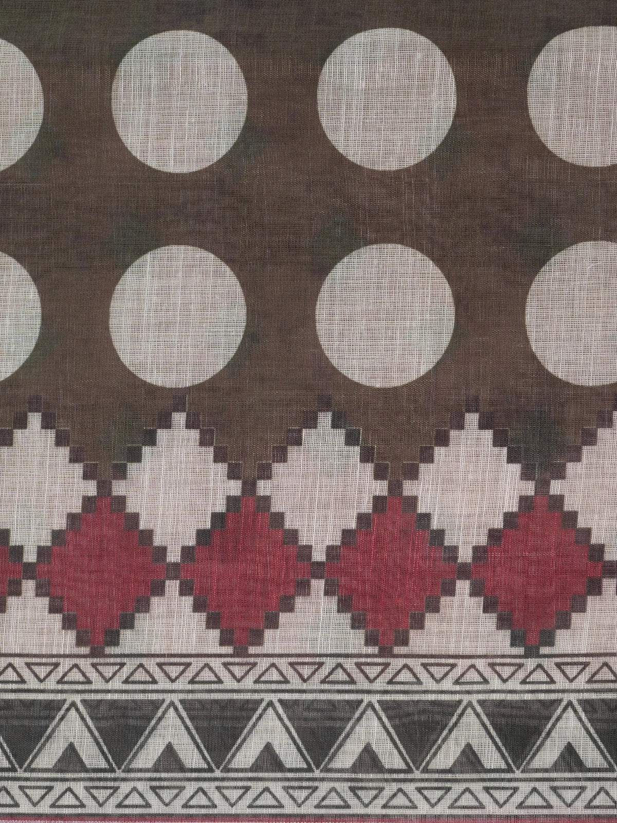 Olive brown and cream polka dot linen cotton saree with maroon geometric border and contrast blouse