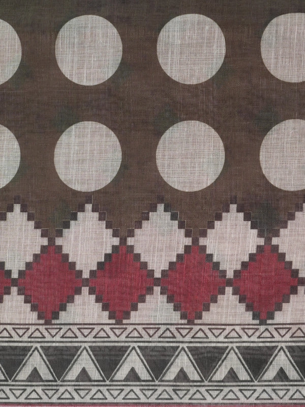 Olive brown and cream polka dot linen cotton saree with maroon geometric border and contrast blouse