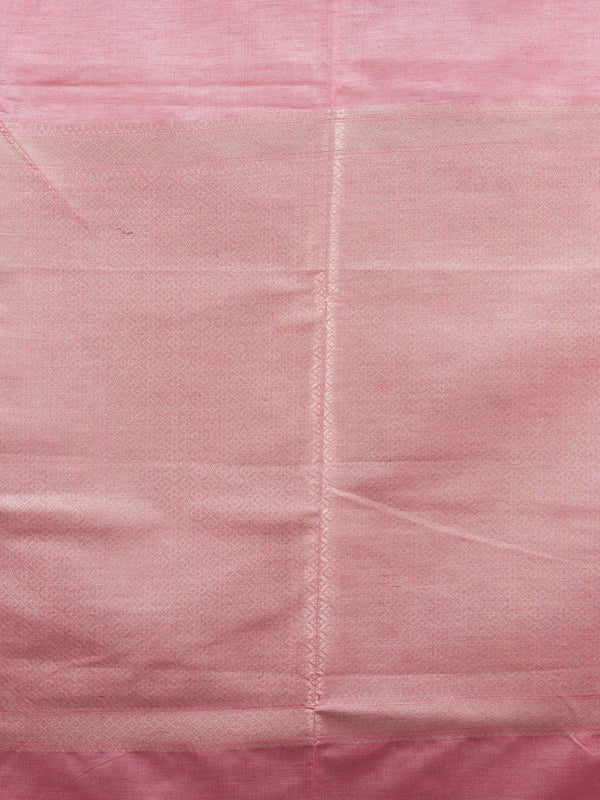 Pink Kanchipuram fancy silk saree with wine contrast border and gold zari buttas
