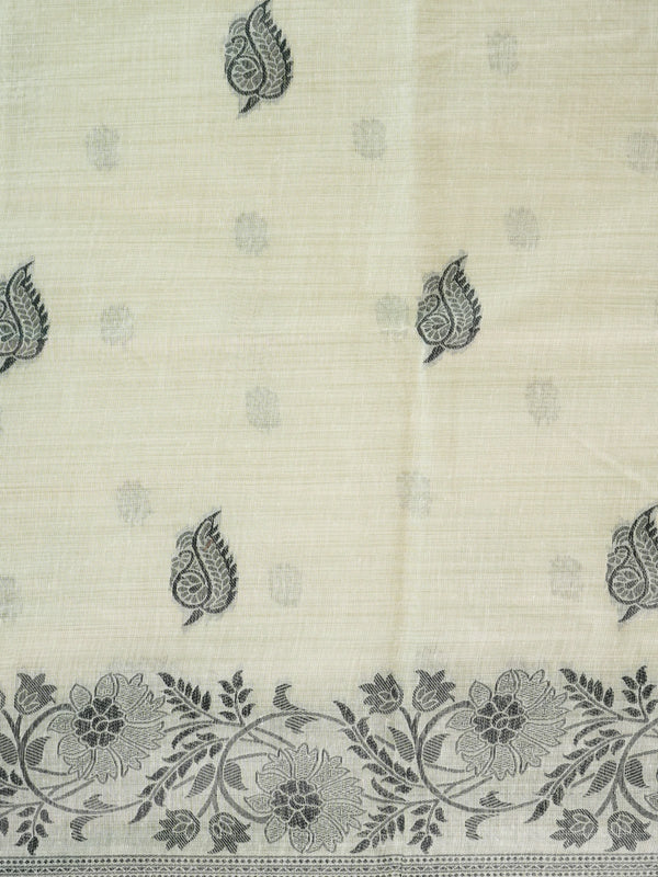 Cream linen cotton saree with grey floral border and peacock-deer motif pallu