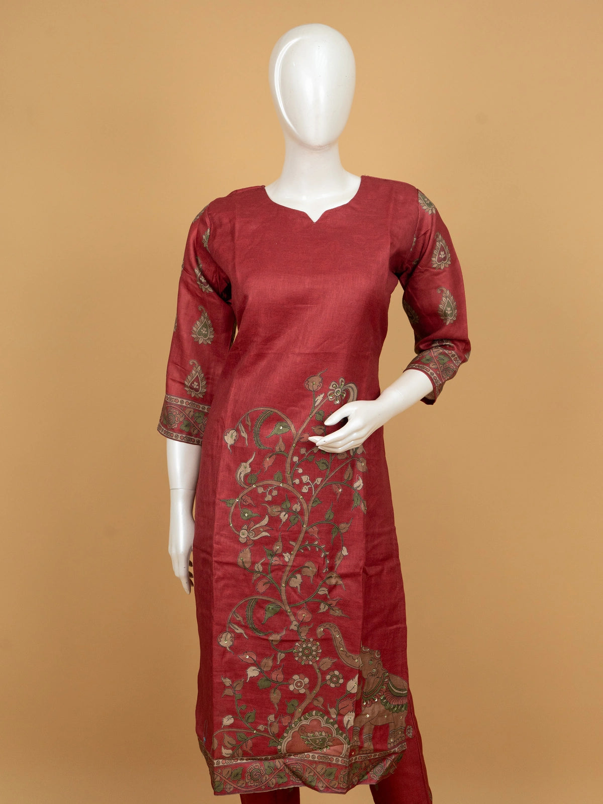 Maroon Kalamkari print art silk straight cut kurti set with contrast printed dupatta and matching pants