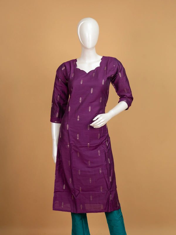 Purple art silk straight cut kurti set with gold zari buti motifs and teal dupatta