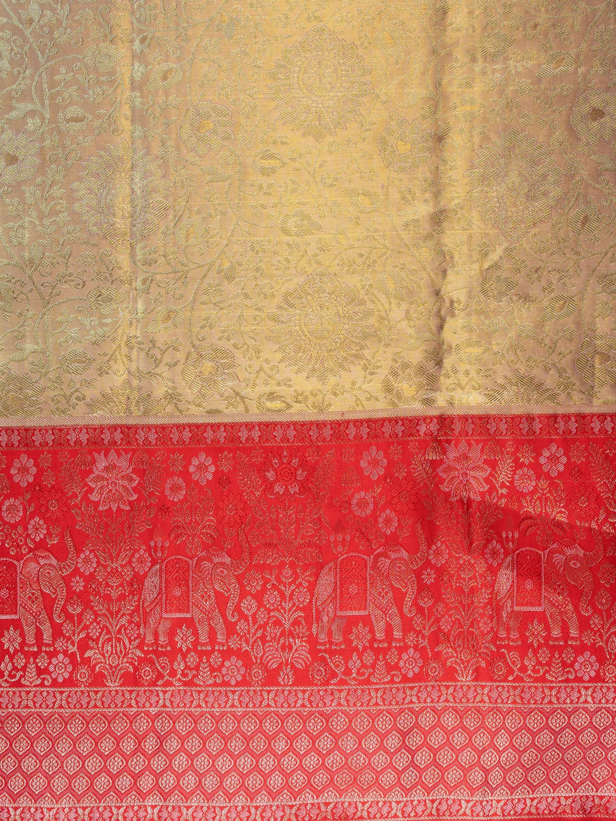 Cream-gold pure Kanchipuram silk saree with contrast red zari border and elephant motifs