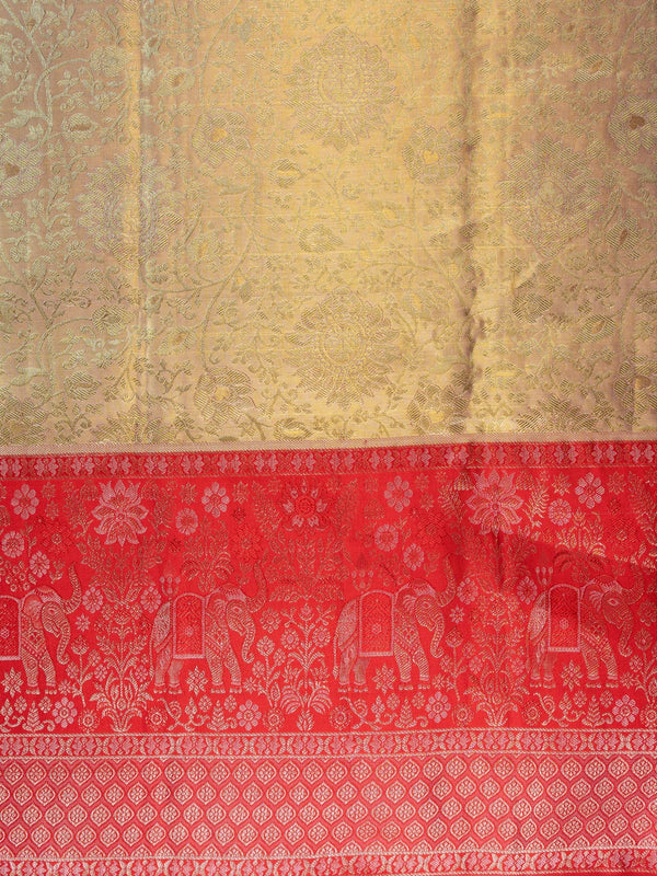 Cream-gold pure Kanchipuram silk saree with contrast red zari border and elephant motifs