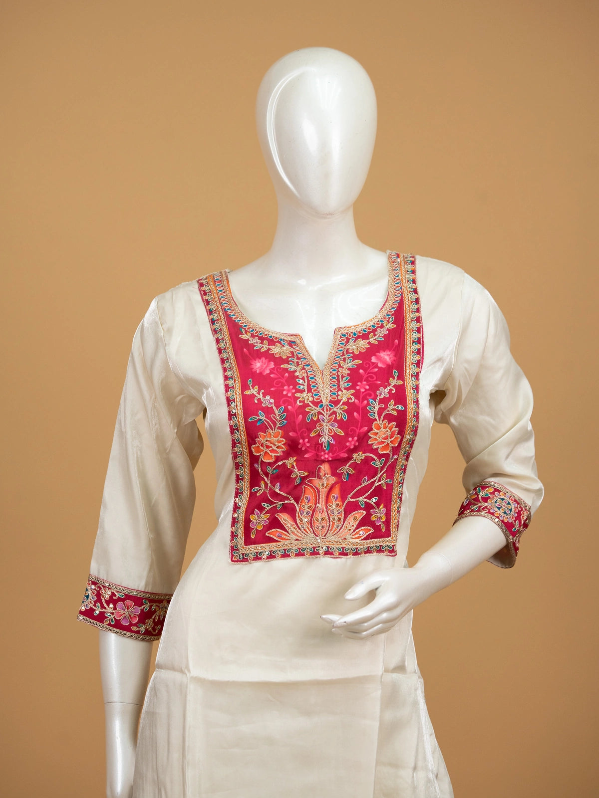 Cream art silk straight cut kurti set with pink embroidered yoke and maroon floral printed dupatta