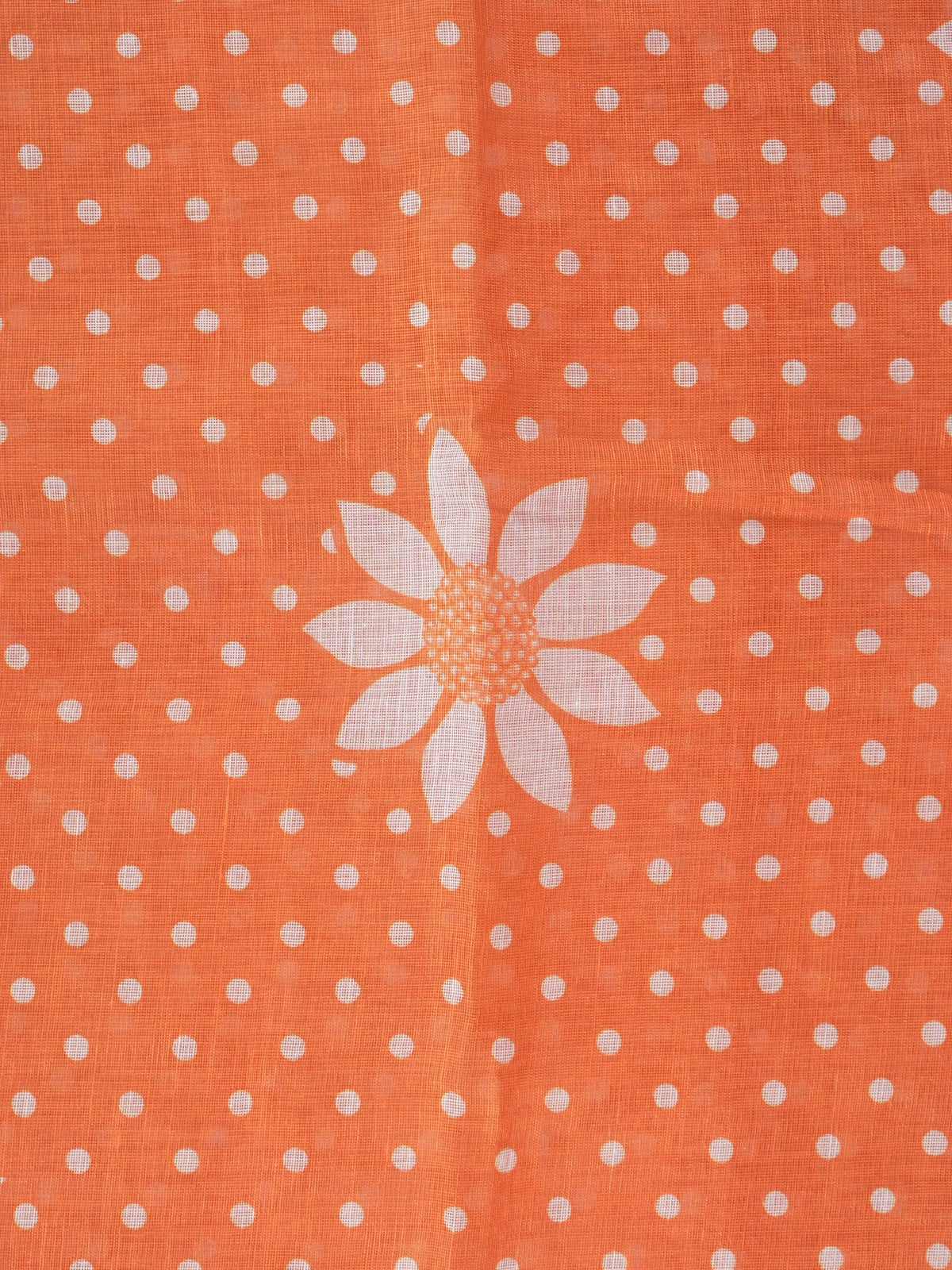 Orange linen cotton saree with white polka dots, floral motifs and a thin gold border