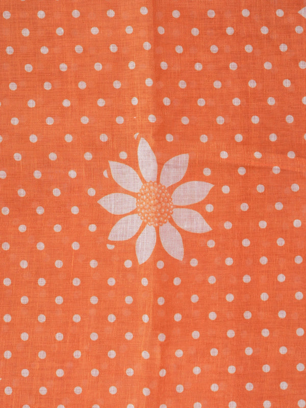 Orange linen cotton saree with white polka dots, floral motifs and a thin gold border