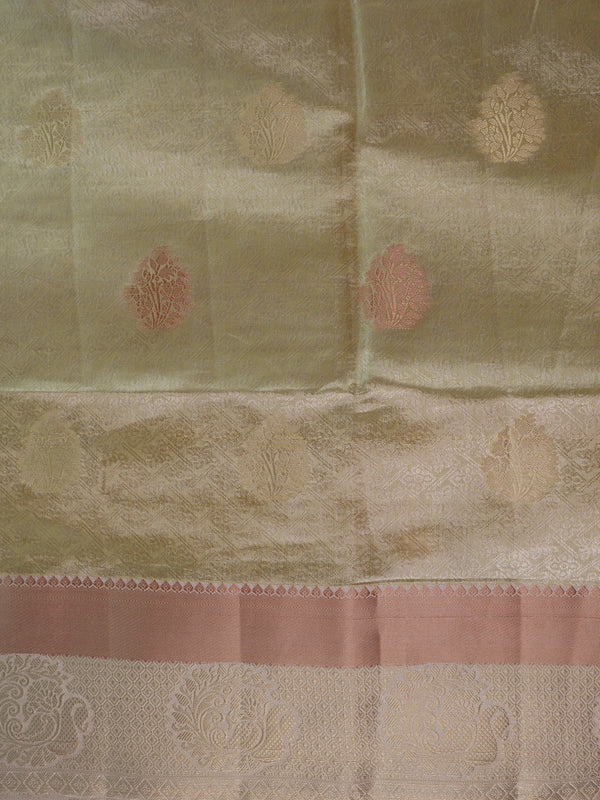 Cream gold semi tussar saree with woven floral zari buta and contrast peach border