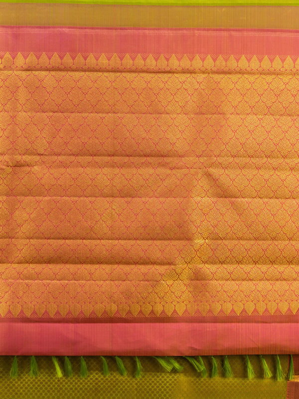Mehendi green pure Kanchipuram silk saree with contrast pink gold zari border and pallu