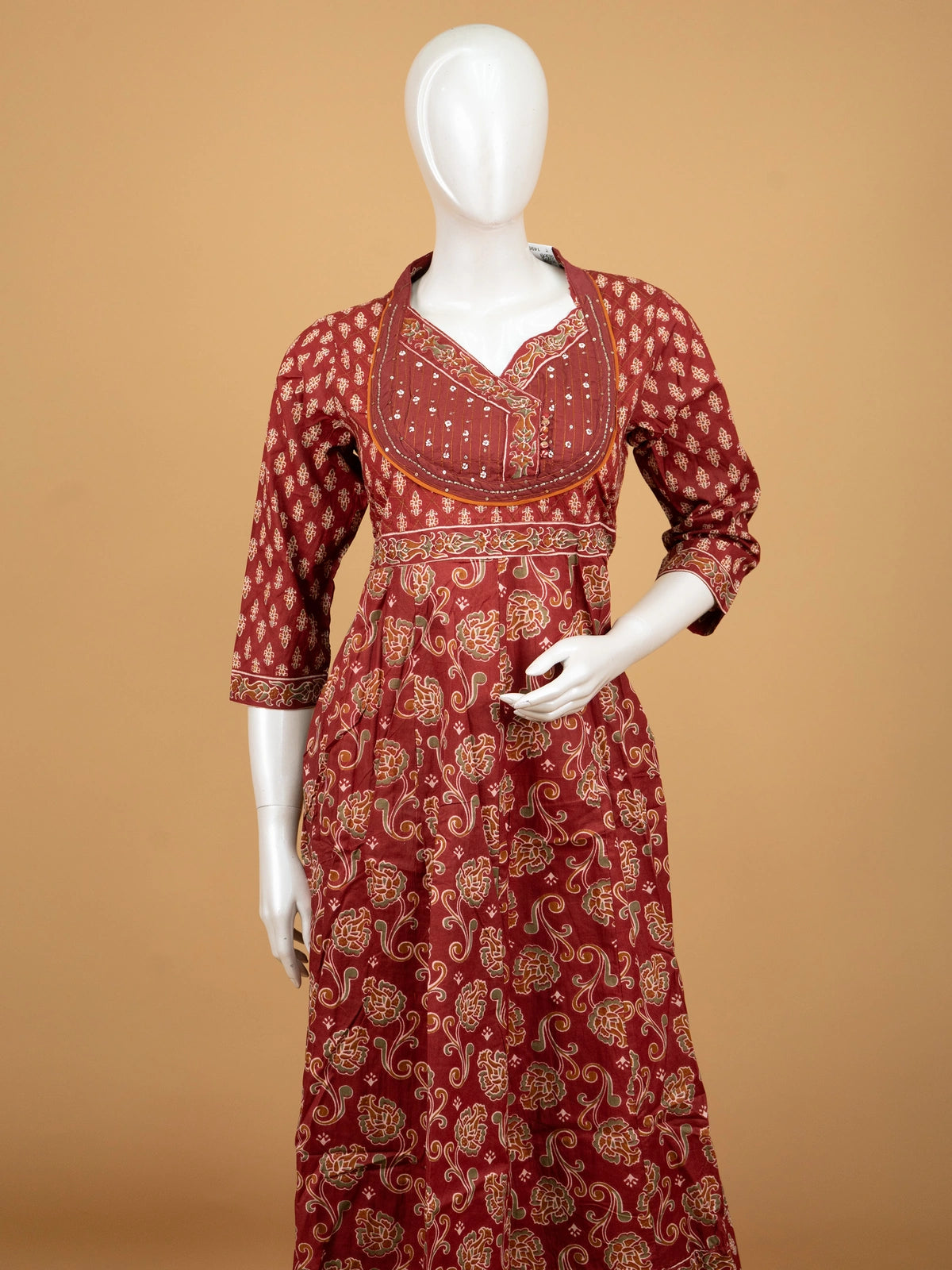 Maroon floral block print cotton Anarkali kurti set with embellished yoke, straight pants and printed dupatta