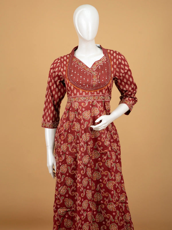 Maroon floral block print cotton Anarkali kurti set with embellished yoke, straight pants and printed dupatta