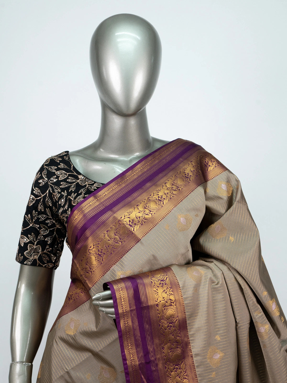 Beige-grey soft silk saree with contrast purple gold zari border and pallu