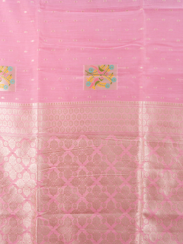Pink linen cotton saree with gold zari border, floral motifs and tasselled pallu