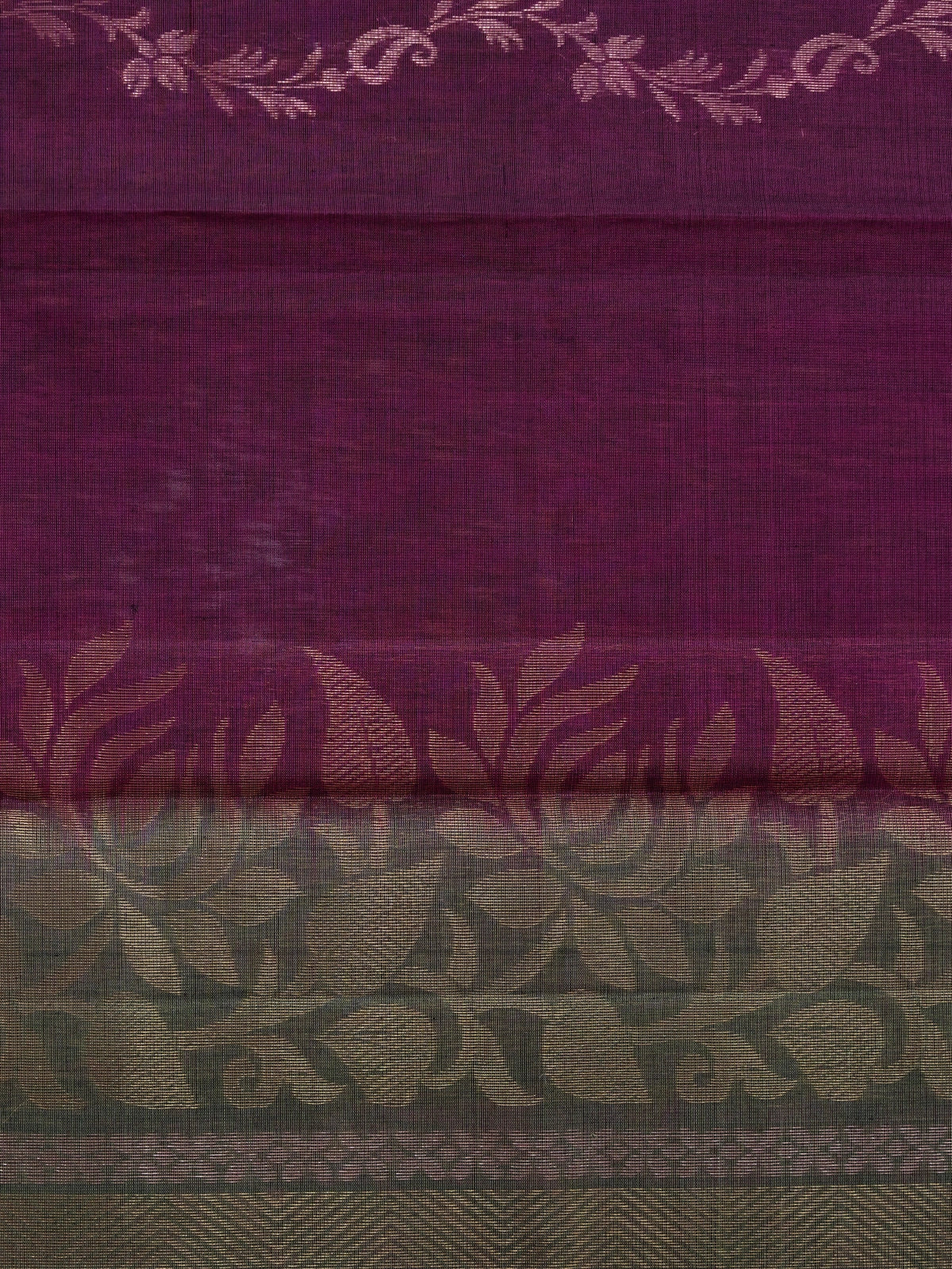 Purple pure silk cotton saree with green contrast zari border and floral lotus pallu