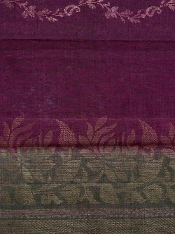 Purple pure silk cotton saree with green contrast zari border and floral lotus pallu