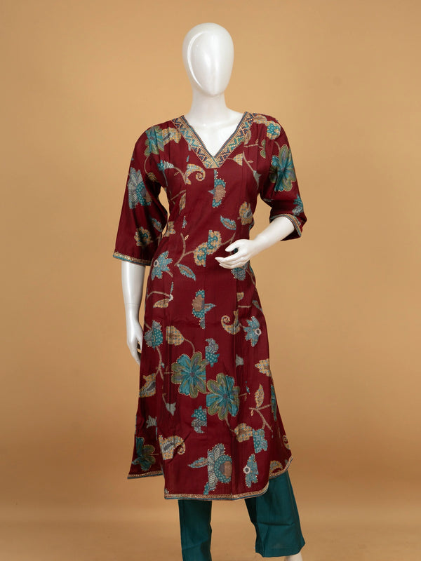 Maroon floral printed A-line kurti set with teal pants and dupatta