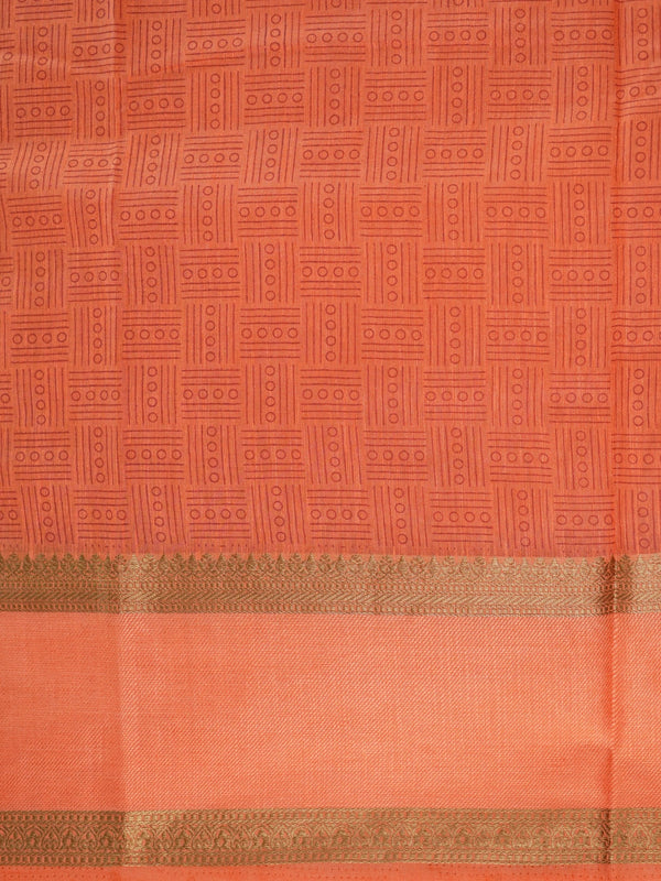 Orange semi tussar saree with gold zari border and geometric patterned body