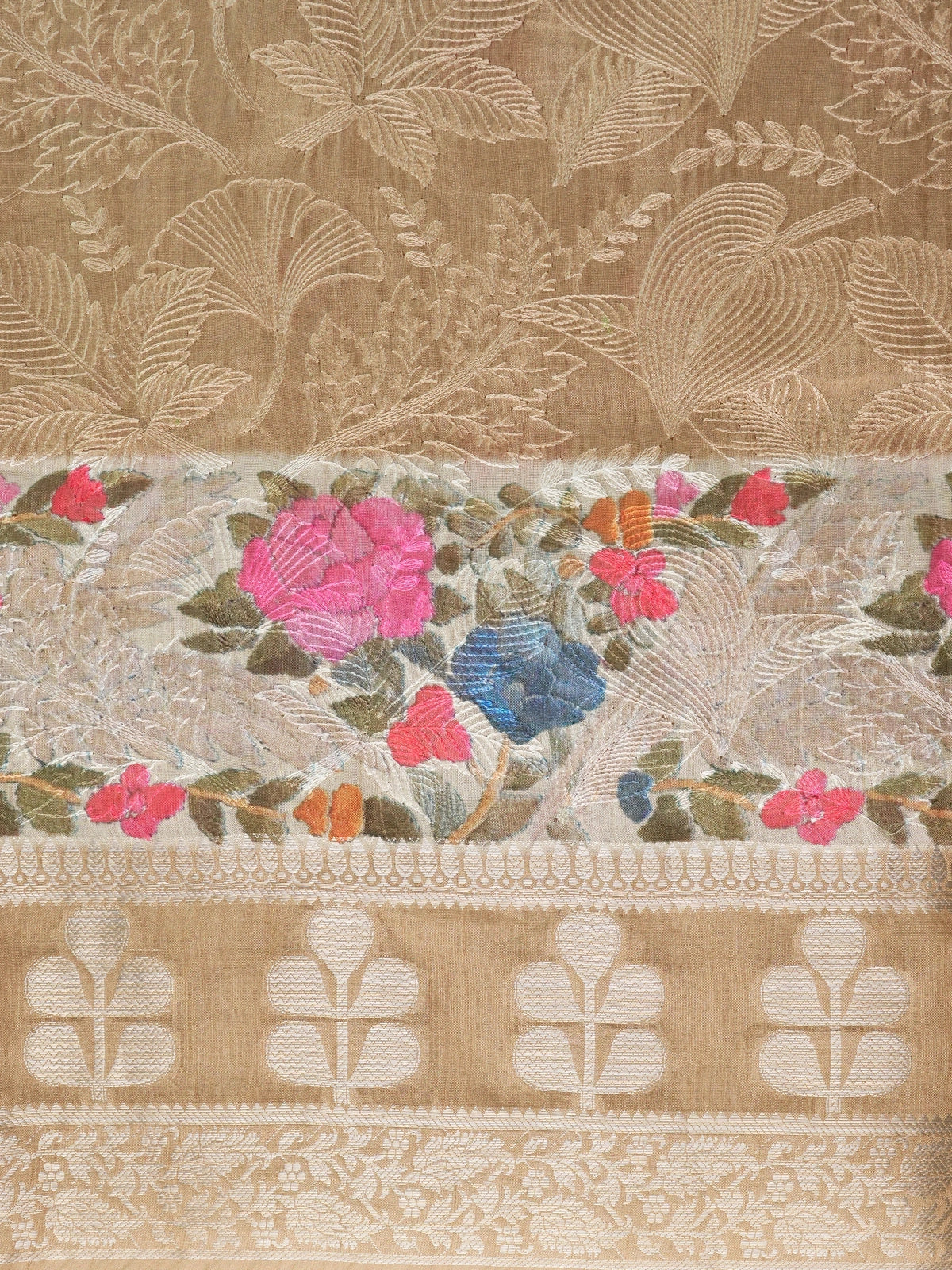 Beige and gold designer tissue saree with woven floral jaal and multicolour floral embroidery