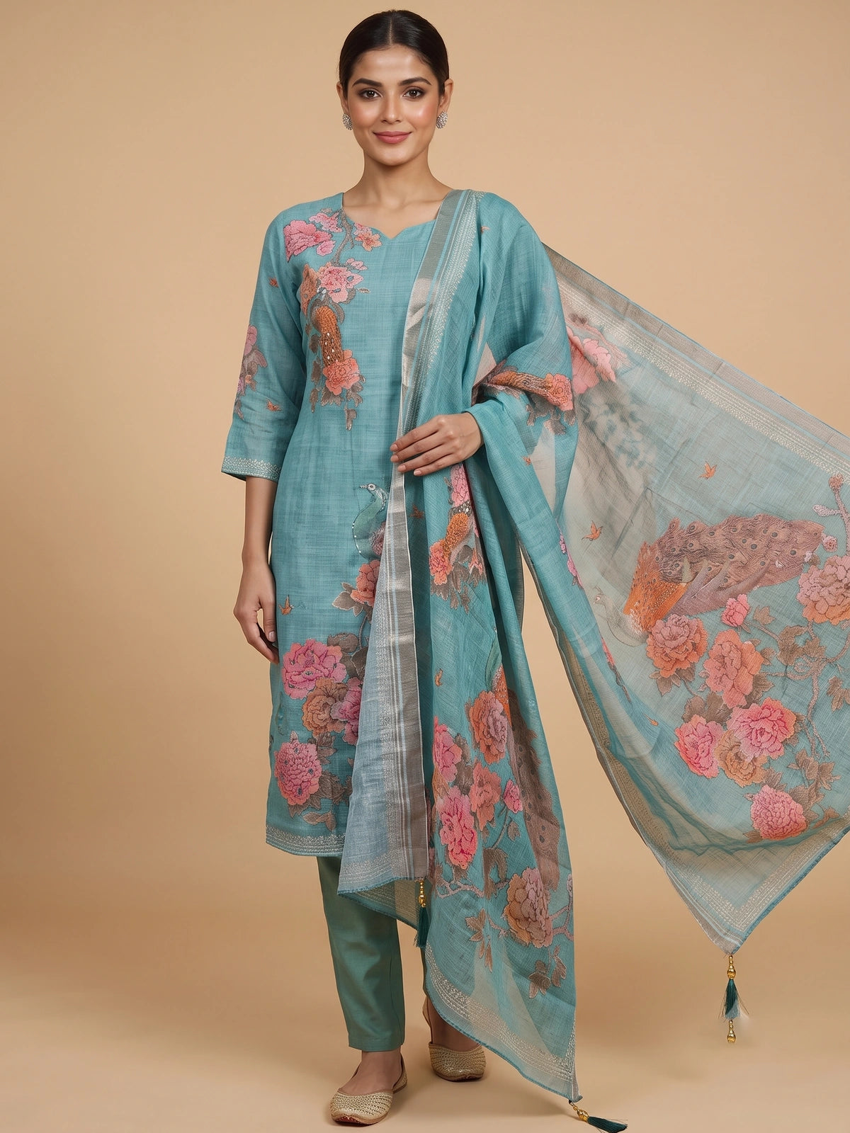 Teal blue floral and peacock printed kurti set with straight pants and matching printed dupatta