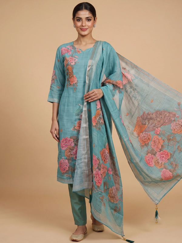 Teal blue floral and peacock printed kurti set with straight pants and matching printed dupatta