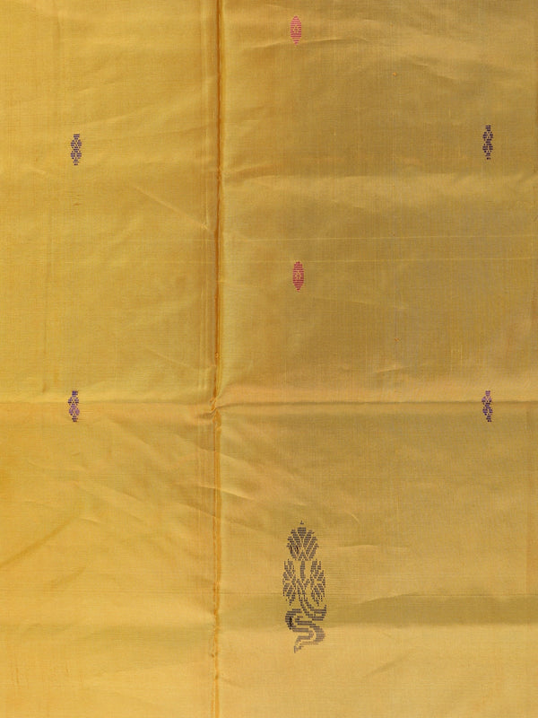 Mustard yellow banana silk saree with royal blue contrast pallu, border and scattered buttas
