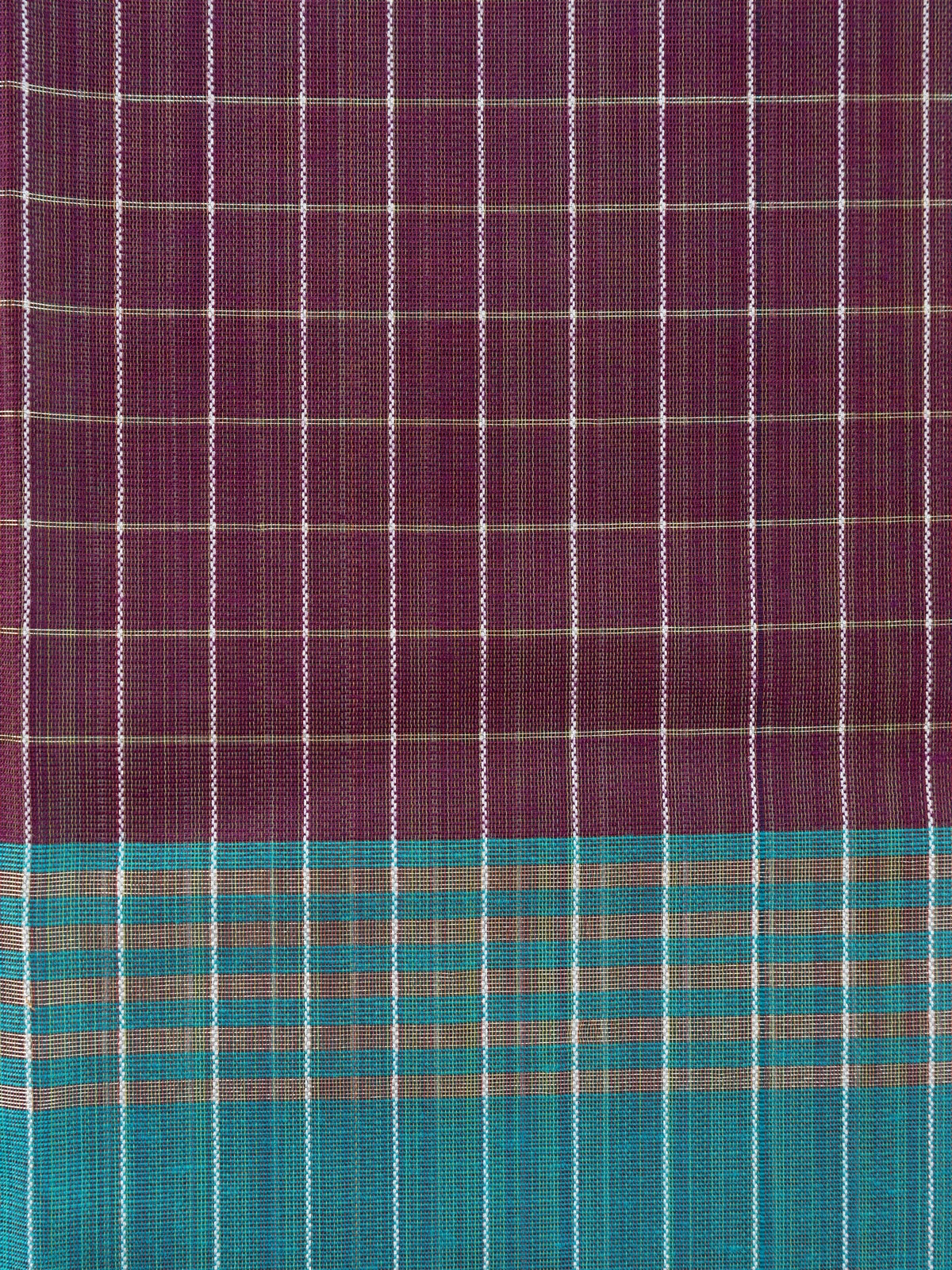 Wine purple checked linen cotton saree with contrast teal pallu and border