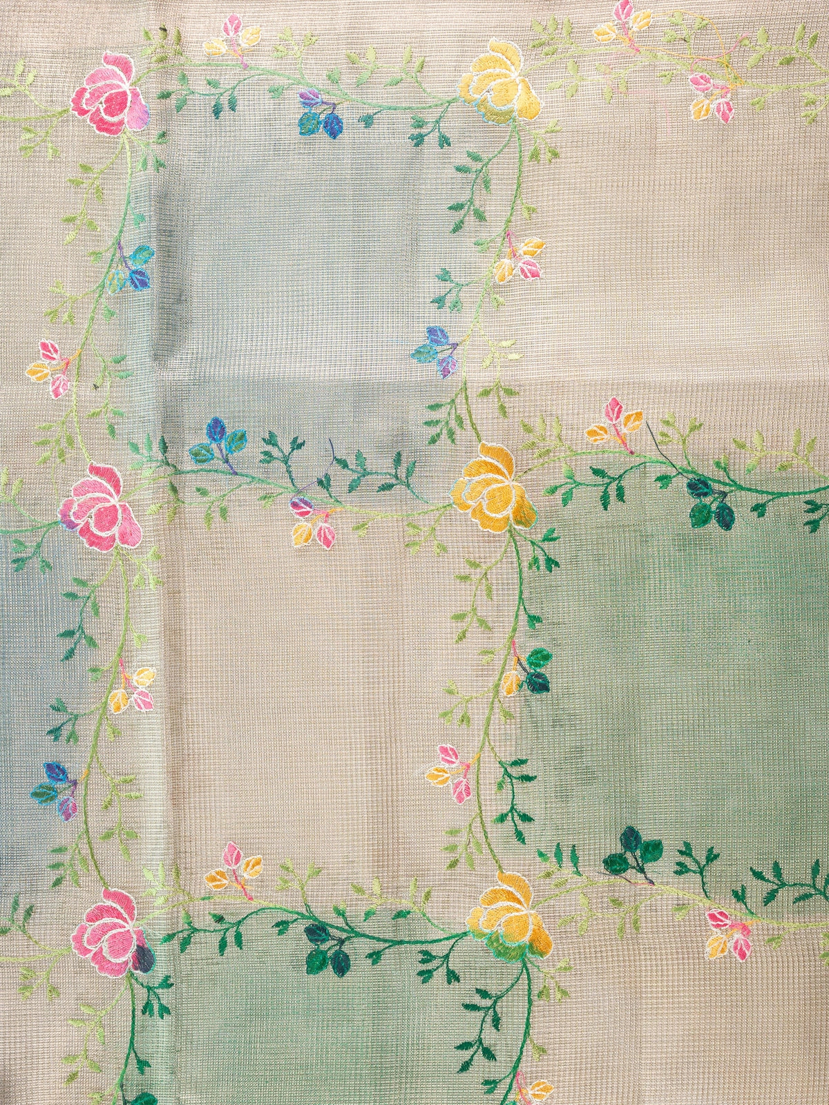 Beige and teal blue semi raw silk saree with multicoloured floral embroidery and silver zari border