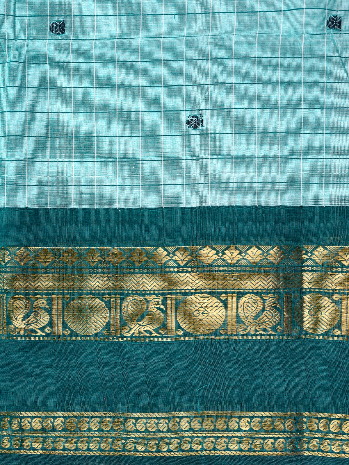 Aqua sea green Chettinad cotton saree with checks, contrast maroon gold zari border and teal peacock pallu