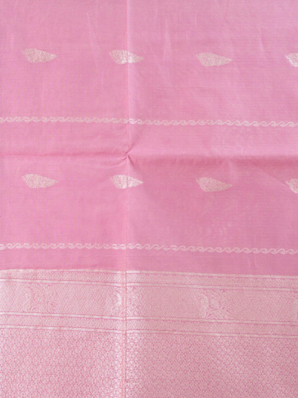 Pink silk cotton saree with silver zari buti motifs and ornate zari border