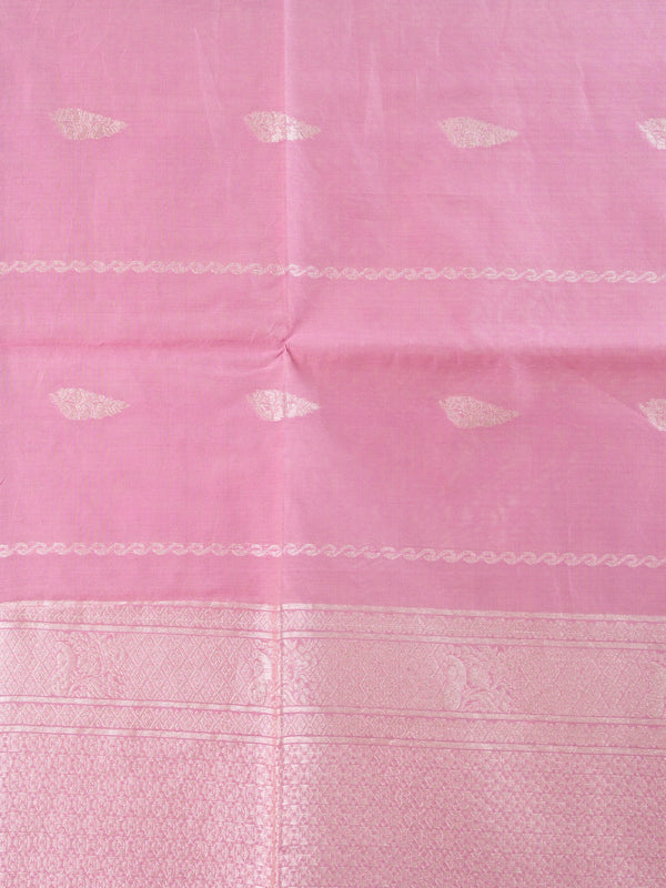 Pink silk cotton saree with silver zari buti motifs and ornate zari border