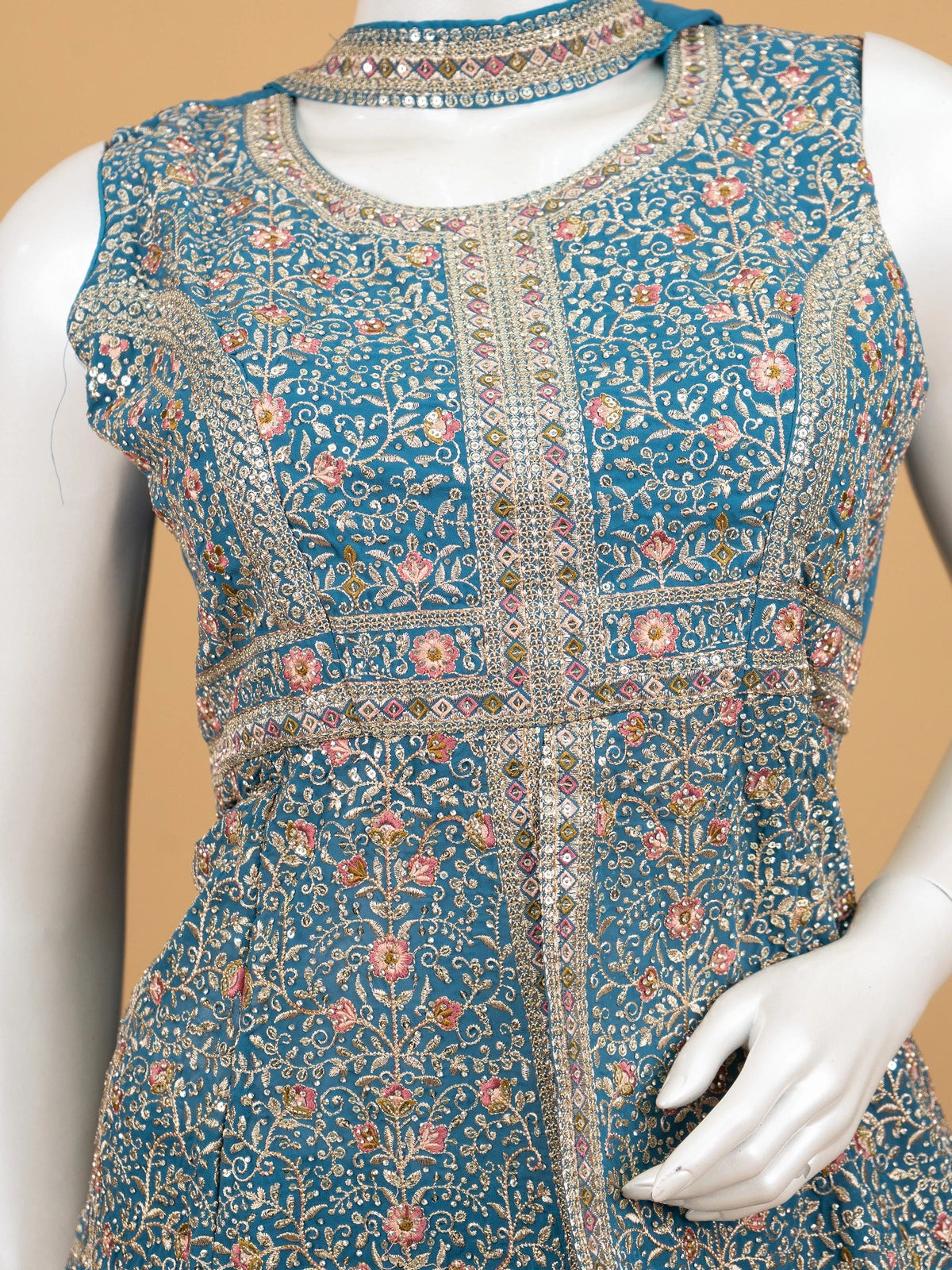 Teal Blue Georgette floral embroidered sleeveless straight cut kurti set with palazzo and dupatta