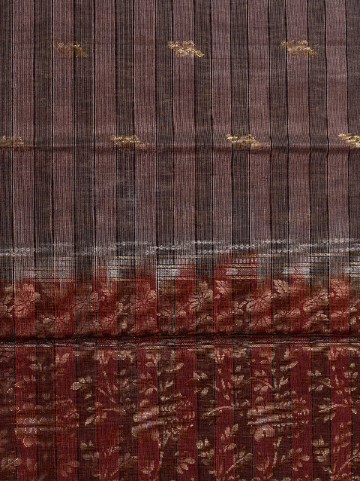 Coffee brown pure silk cotton saree with striped body, gold zari buttas, maroon contrast border and floral zari pallu