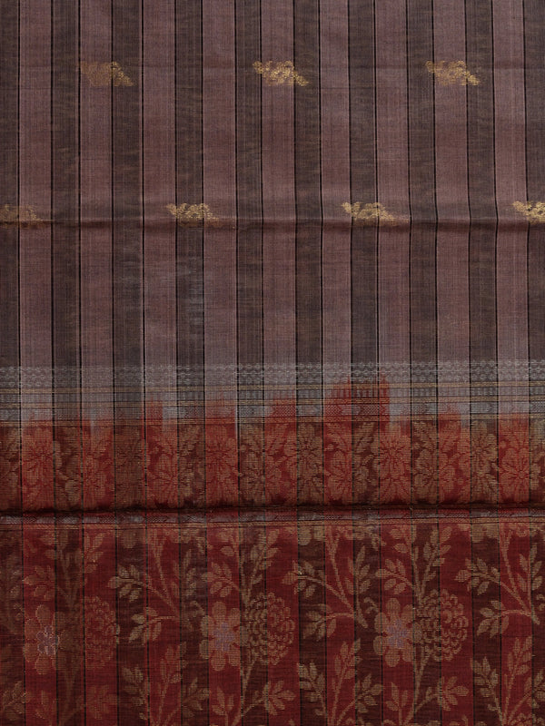 Coffee brown pure silk cotton saree with striped body, gold zari buttas, maroon contrast border and floral zari pallu