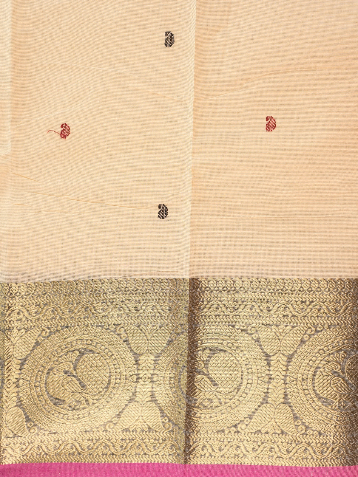 Cream Chettinad cotton saree with pink gold zari border and paisley buttis