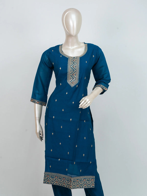 Teal Blue art silk straight cut kurti set with zari embroidery and cream floral dupatta