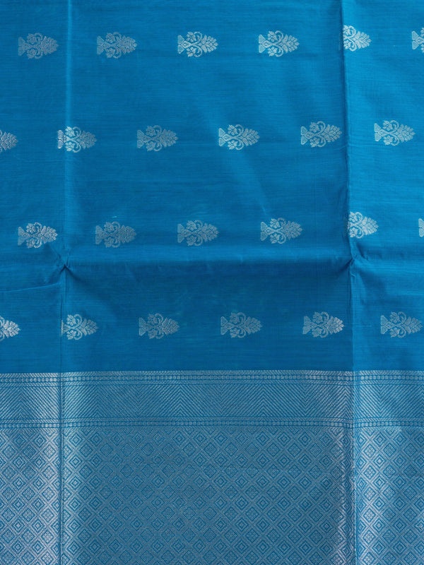 Peacock blue silk cotton saree with silver zari floral buttas and diamond-patterned border