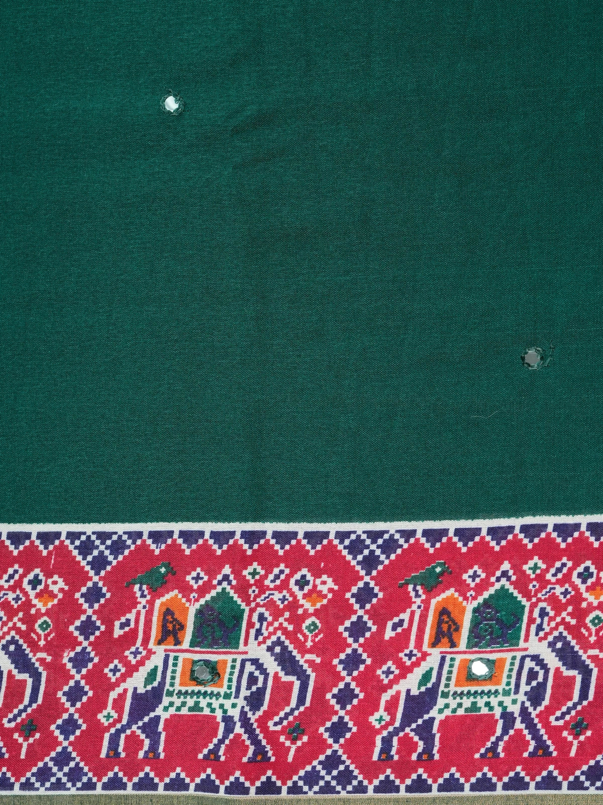 Deep green linen cotton saree with red patola-style elephant border and detailed pallu
