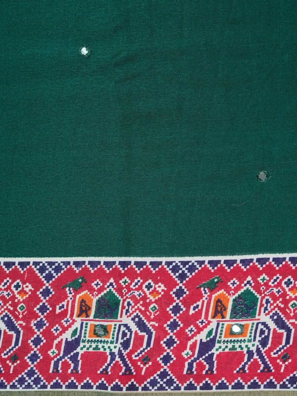 Deep green linen cotton saree with red patola-style elephant border and detailed pallu