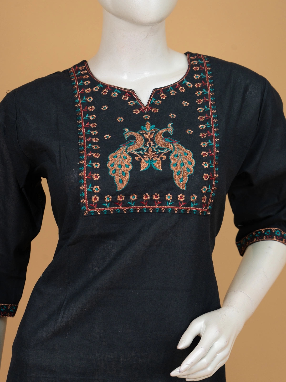 Black cotton Anarkali kurti top with multicolour peacock thread embroidery on the yoke and 3/4th sleeves