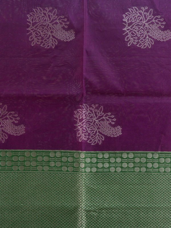 Purple silk cotton saree with silver zari floral buttas and contrast green zari border and pallu