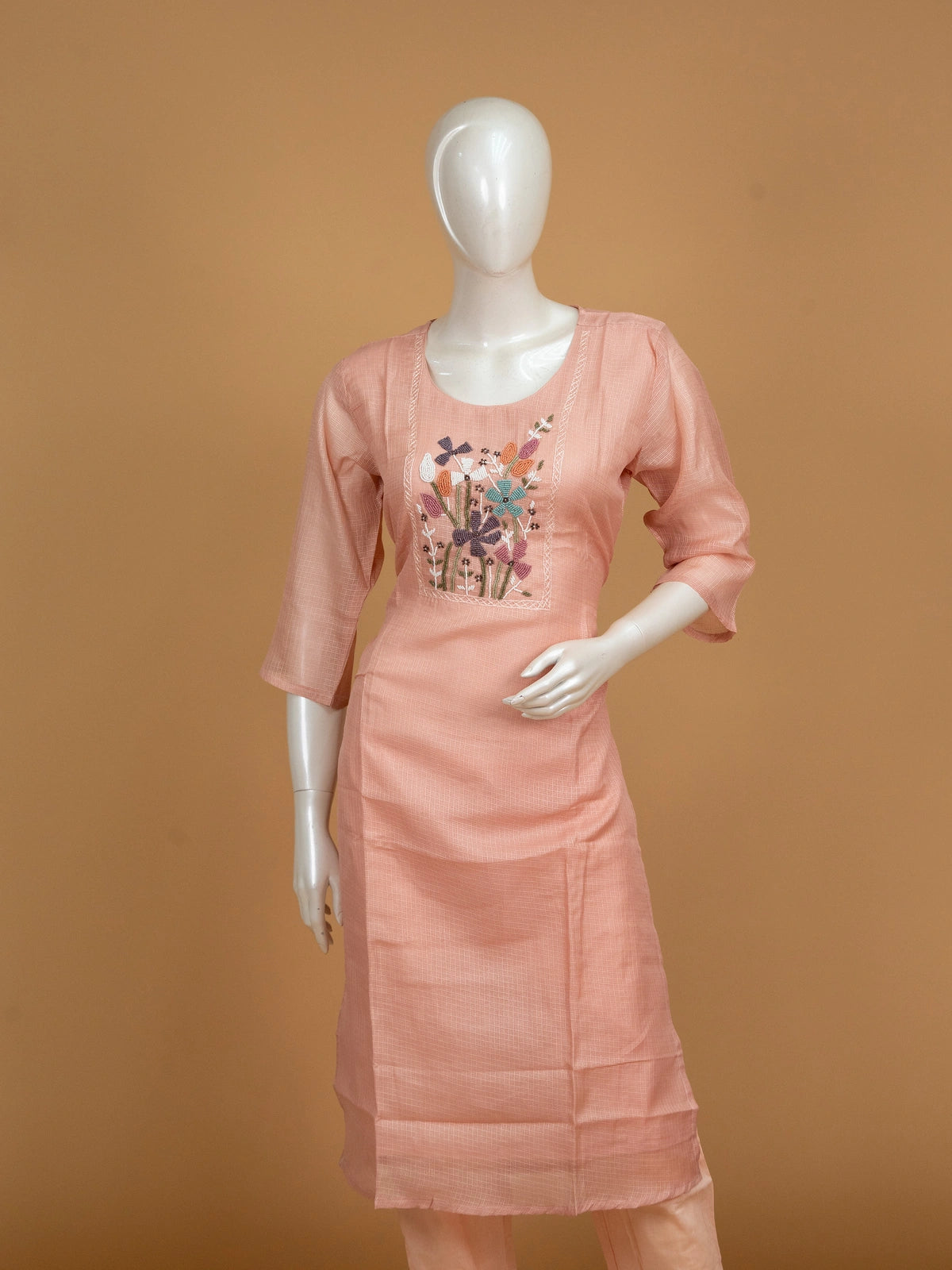 Peach Kota Doria straight cut kurti set with multicolour floral beadwork and embroidered dupatta