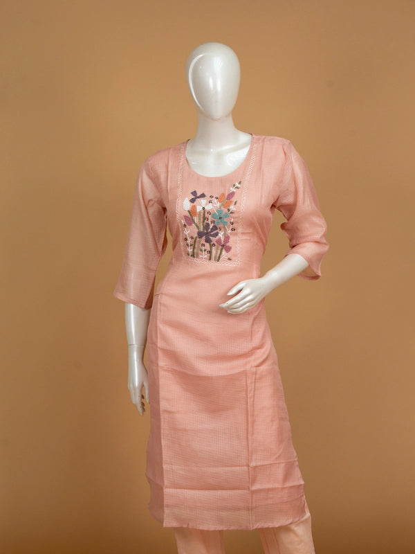 Peach Kota Doria straight cut kurti set with multicolour floral beadwork and embroidered dupatta