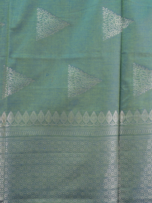 Green Kanchipuram fancy silk saree with contrast purple silver zari border and triangular zari buttas