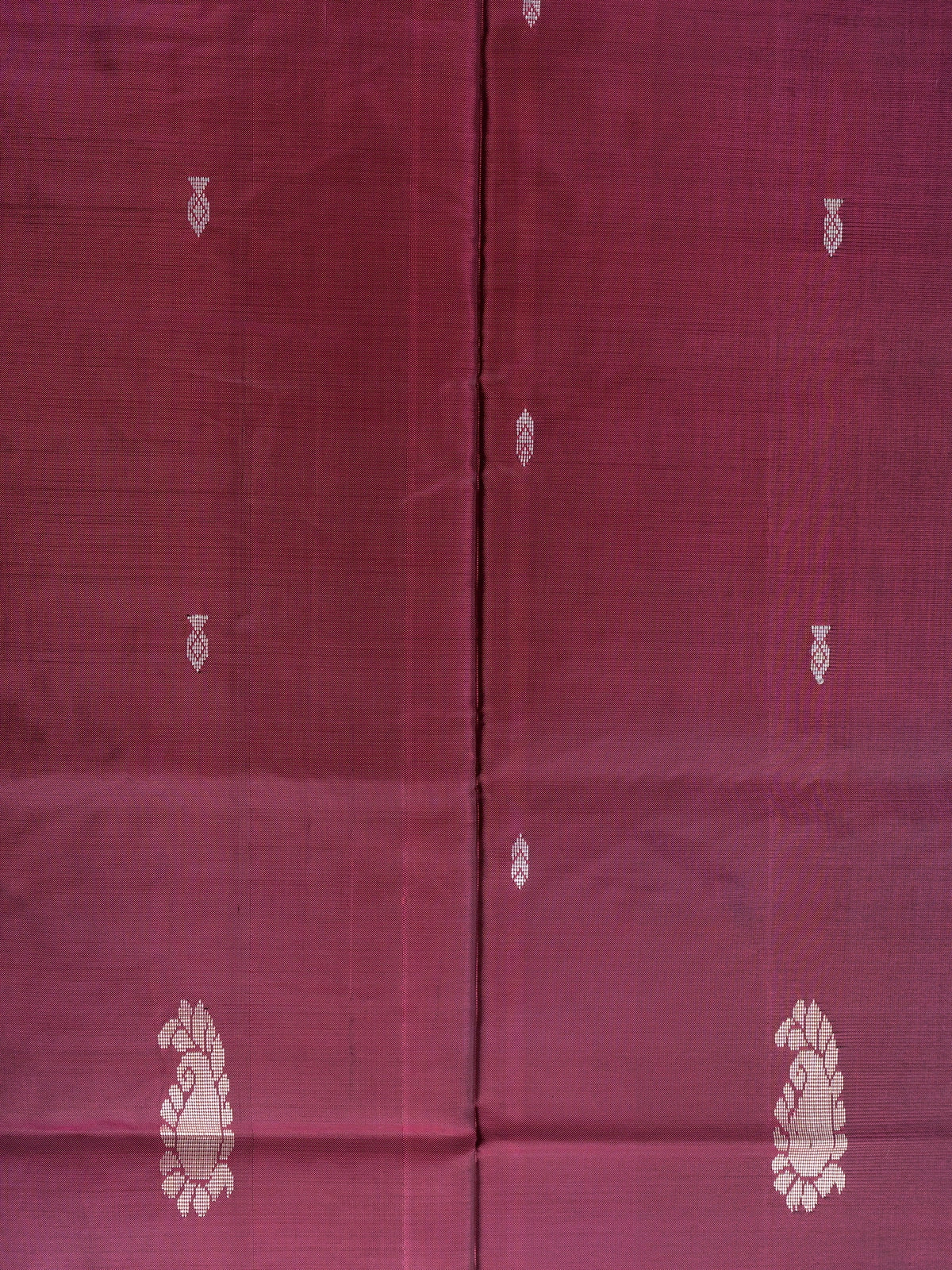 Wine Banana silk saree with silver buttis and contrast sky blue pallu